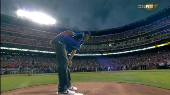 Dallas Mavericks Star Dirk Nowitzki Throws 1st Pitch At Game 3 Of the World Series Between The Rangers & Cardinals [Video]