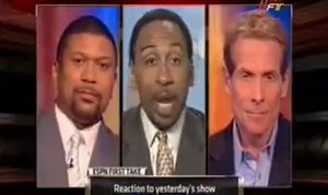 Skip Bayless, Jalen Rose, and Stephen A. Smith address the media’s role in sports on ESPN’s “First Take”