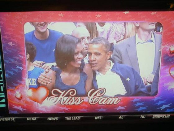 President Obama & the First Lady make the kiss cam during Team USA vs. Brazil [video]