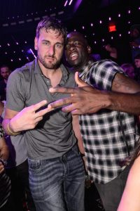 Golden State Warriors players, Andrew Bogut and  Draymond Green celebrate their NBA Finals victory at Marquee Nightclub in Las Vegas, NV, on June 19, 2015 (Photo by Al Powers/Powers Imagery/Invision/AP)