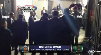 Kevin Garnett & Carmelo Anthony exchange words on the court, Melo waits by Celtics bus following the game [video]