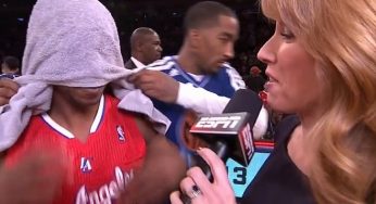 JR Smith drops towel of Chris Paul’s head during half-time interview [video]